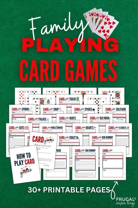 There are a variety of popular card games that can be played with a 52-card deck. Enjoy this set of 20 popular card games for families. The printable family card game set includes game directions, and scoring instructions plus a printable 52-deck of playing cards. Get ready for a fun and easy kid-friendly family game night! Popular card games include war, hearts, solitaire, nerts, 500 rummy, go fish, palace, 6-card golf, old maid, and more. #FrugalCouponLiving Blank Playing Cards, Games For Families, Printable Playing Cards, Classroom Party Games, Solitaire Cards, Dollar Diy, Summer Camp Games, Family Card Games, Fun Card Games