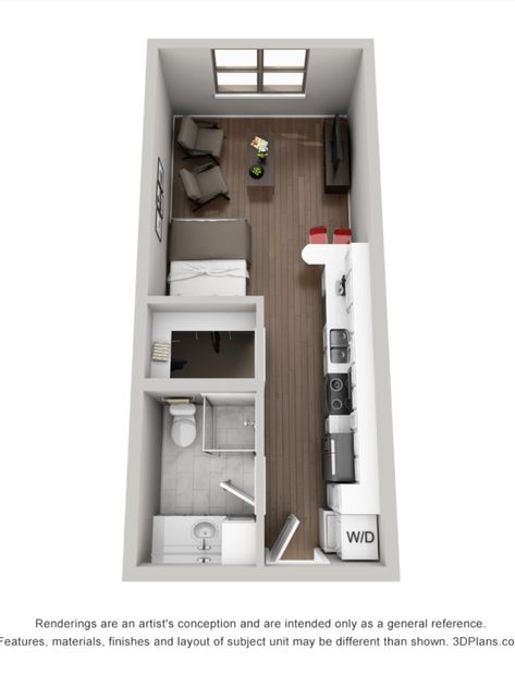 Rectangle Studio Apartment Layout, Narrow Studio Apartment Layout, Small Studio Apartment Floor Plans, Mini Apartment Ideas, Mini Studio Apartment Ideas, Tiny Studio Apartments Layout, Garage Studio Apartment, Apartment Layout Studio, Small Apartment Floor Plans