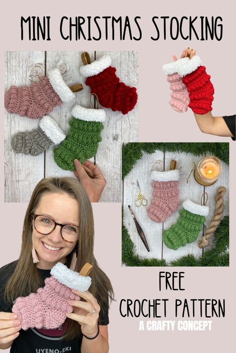 Learn how to crochet a mini Christmas stocking in this beginner-friendly, free crochet pattern. They are perfect for decorating and holding gift cards. Crochet Mini Xmas Stocking, Crochet Mini Christmas Present, Crochet Gift Card Stocking, Mini Stocking Crochet Pattern Free, Small Christmas Stocking Crochet Pattern, Mini Christmas Stocking Crochet Pattern, Crochet Small Christmas Stocking, Yule Crochet Patterns Free, Small Stocking Crochet Pattern