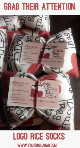 Doula Tips: A rice sock with your business logo on it is a great way to get doula referral business. Post Partum Doula, Logo Rice, Hypnobirthing Techniques, Rice Sock, Doula Tips, Doula Bag, Becoming A Doula, Doula Care, Doula Gifts