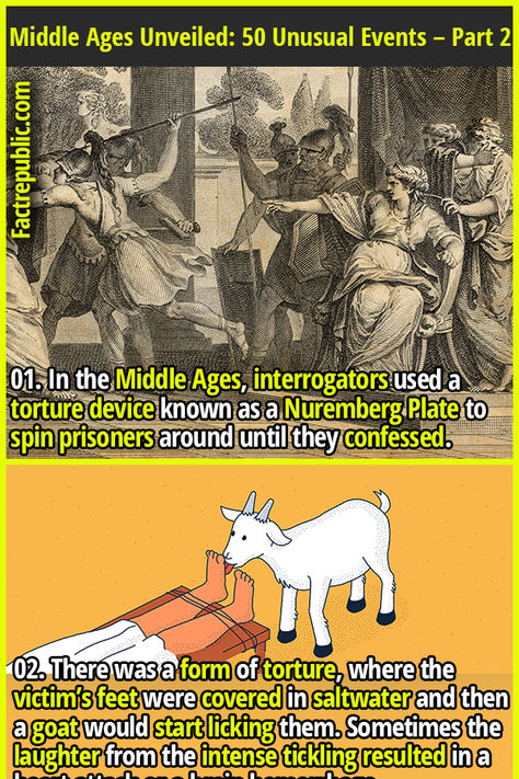 01. In the Middle Ages, interrogators used a torture device known as a Nuremberg Plate to spin prisoners around until they confessed. #middleages #medieval #history #didyouknow Medieval Facts, Medieval Prison, Medieval Torture Devices, Medieval Torture, Middle Ages Art, Medieval Germany, Funny Medieval, Podcast Ideas, Fact Republic