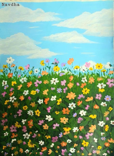 Bed Of Flowers Drawing, Simple Flower Field Painting, Flower Field Drawing Easy, Flower Field Cartoon, Flower Field Painting Easy, Field Of Flowers Drawing, Flower Field Drawing, Flower Field Illustration, Ar Poster