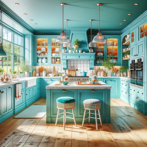 turquoise farmhouse kitchen cabinets Best Cabinet Colors, Turquoise Kitchen Cabinets, Teal Kitchen Cabinets, Purple Cabinets, Colorful Kitchens, Aqua Kitchen, Red Cabinets, Colorful Backsplash, Yellow Cabinets