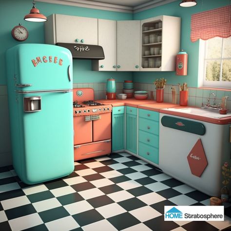 24 Retro 1950s Kitchen Designs 1950 Interior Design, 1950 Interior, 1940 Kitchen, 50s Decor, 50's Diner, 50s Diner, 1950s Kitchen, Diner Decor, Retro Fridge