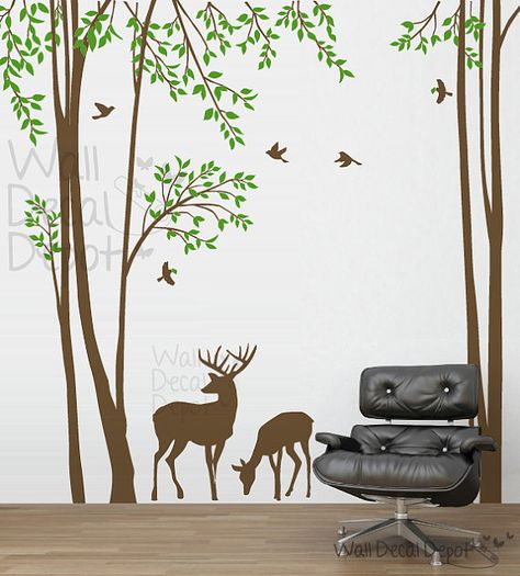 Deer Decal, Wall Painting Living Room, Home Drawing, Tree Decal, Wall Sticker Art, Creative Wall Painting, Nursery Rooms, Wall Painting Techniques, Deer Wall Art