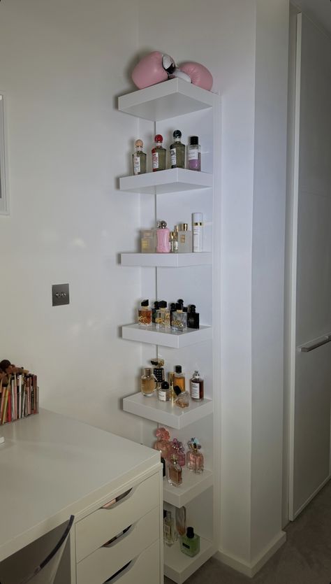 Dressing Shelf Ideas, Perfume Shelf Ideas Wall Shelves, Perfume Wall Shelf, Perfume Collection Display Shelves, Perfume Collection Display Ideas, Perfume Organization Shelf, Perfume Wall Display, Perfume Shelf Ideas, Perfume Shelves