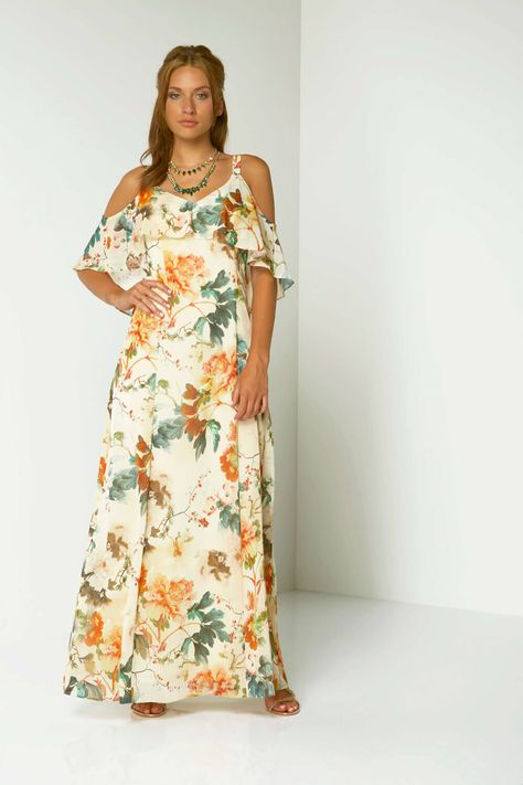 Frock Designs For Girl, Floral Chiffon Maxi Dress, Cold Shoulder Maxi Dress, Shop Clothes, Clothes Outfits, Dreamy Dress, Frock Design, Clothes Women, Chiffon Maxi