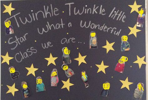 Twinkle twinkle little star bulletin board. ✨#twinkletwinklelittlestar #bulletinboards #bulletinboardideas #toddler Constellation Bulletin Board, Nursery Rhyme Bulletin Boards, Twinkle Twinkle Little Star Activities, Star Classroom Theme, Nursery Display Boards, Shine Theme, Star Themed Classroom, Star Bulletin Boards, Space Vbs