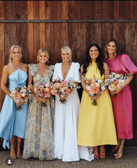 Mismatched Bridesmaid Dresses Wildflower, Satin Bridesmaid Dresses Multi Color, Summer Bridal Party Attire, Three Bridesmaids Mismatched, Mix Match Groomsmen, Garden Theme Bridesmaid Dresses, Wildflower Wedding Bridesmaids Dresses, Groomsmen Attire Colorful, Wildflower Wedding Bridesmaids Dress