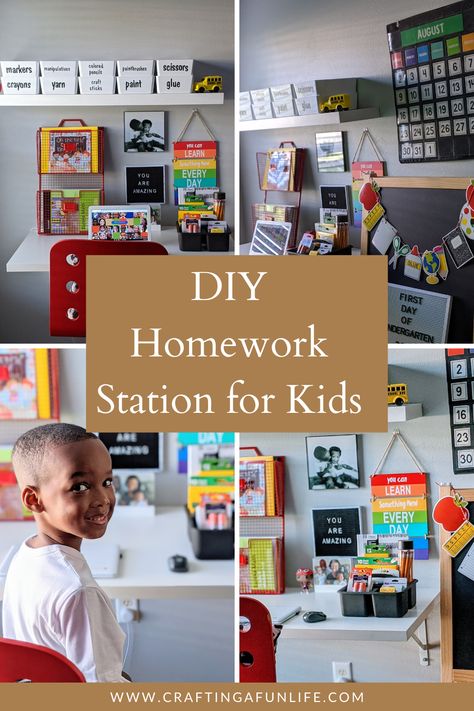 Colorful workspace for kids who are learning from home this year due to the pandemic. This set up is also perfect for students who need a space to complete homework after returning home from traditional school. Great for elementary students and older children. The shelf, bins and desk are from Ikea. The labels were made using Cricut Explore machine. Homework Station For Kids, Diy Homework Station, Homework Corner, Kids Art Station, Kids Desk Area, Kids Homework Station, Diy Office Organization, Homework Area, Kindergarten Homework