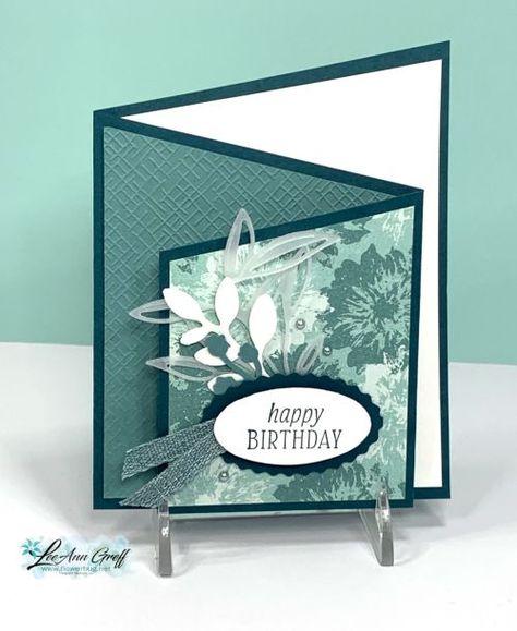 A beautiful Inked & Tiled diagonal Z fun fold card. Check out the video tutorial & free project sheet for these #Cardmaking, #papercrafts, #papercrafting, #stamping, #Stampinup, #DIYcards, #handmadecards, #cards, #funfold, #Fancyfold, #FunFoldcards, #free, #projectsheet, #Cardvideo, #CardTutorial, #Zfoldcard, Artistically Inked, Z Cards, Fancy Fold Card Tutorials, Homemade Birthday Cards, Card Folds, Fun Folds, Card Templates Free, Shaped Cards, Fold Cards