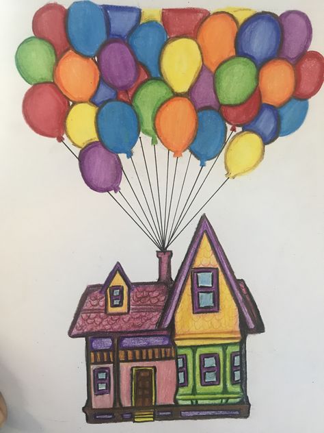 My Dream Art Room Drawing Easy, How To Draw A House Step By Step, Up House Drawing Easy, Simple Color Pencil Drawing, Up Cartoon Drawing, Up Drawing, Up House Drawing, Christmas Decor Ideas Tree, Houses Drawing