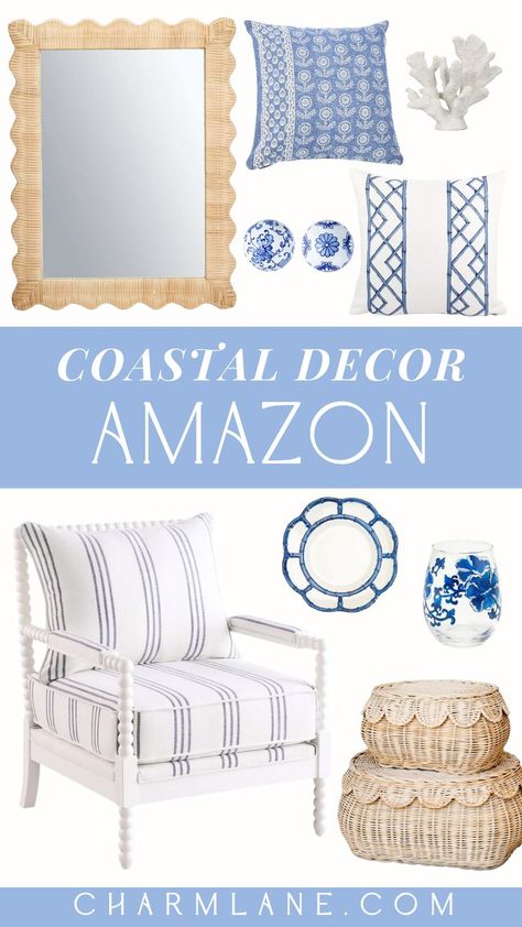 coastal decor Coastal Easter Decor Ideas, Chinoiserie Beach House, Blue And White Living Room Coastal, Blue And White Porcelain Decor, Coastal Granddaughter Pillows, Coastal Chinoiserie, Grandmillennial Home, Coastal Style Bathroom, Coastal Master Bed Serena & Lily