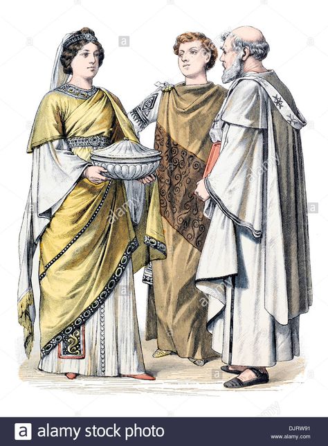 Download this stock image: 6th Century VI 500s Byzantium Eastern Roman Empire Lady and Christian Priest - DJRW91 from Alamy's library of millions of high resolution stock photos, illustrations and vectors. Targaryen Dynasty, Byzantine Fashion, European Clothing, Eastern Roman, Early Middle Ages, History Images, Byzantine Empire, Byzantine Art, Eastern European