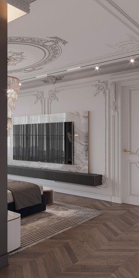 Classical Interiors Bedroom, Neo Classical Interiors Bedroom, Classic Tv Wall, Black Bedroom Furniture Set, Neo Classical Interiors, Classical Bedroom, Neoclassic Interior, Materials Board Interior Design, Modern Bedroom Interior