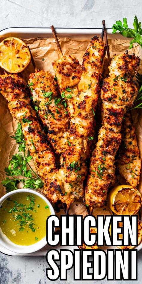 These Italian chicken skewers, also known as chicken spiedini, are made with chicken cubes marinated in white wine, lemon zest, and red pepper flakes. The chicken is then breaded, skewered, and grilled until golden and tender! #chicken #spiedini #italian Crispy Chicken With Italian Sauce, Lemon Butter Chicken Spiedini, Lemon Garlic Butter Chicken Spiedini Allrecipes, Zesty Lemon Pecorino Crispy Chicken, Fried Chicken Skewers, Chicken Spiedini Air Fryer, Chicken Spedini Recipe Baked, Chicken Spiedini Recipe, Chicken Tender Marinade Recipes