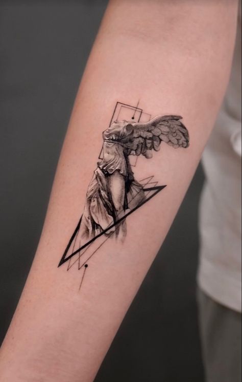 geometric composition tattoo Winged Victory Of Samothrace Tattoo, Winged Victory Tattoo, Composition Tattoo, Victory Tattoo, Winged Victory Of Samothrace, Winged Victory, Geometric Composition, New Tattoo Designs, Small Tattoos For Guys