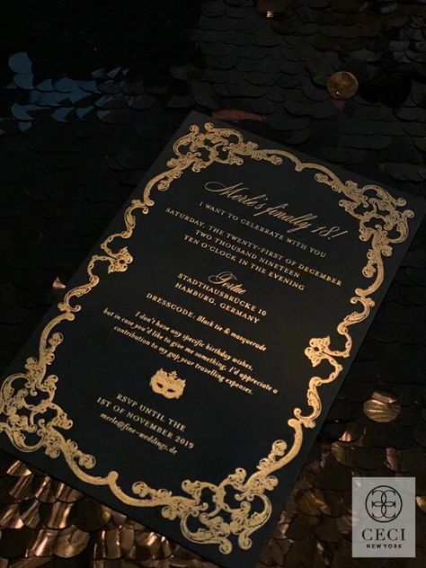 Black Tie Invitation, Sweet 16 Masquerade Party, Masquerade Birthday Party, 18th Century France, Masquerade Party Invitations, Masquerade Party Decorations, Masquerade Prom, Masquerade Ball Party, Black And Gold Wedding