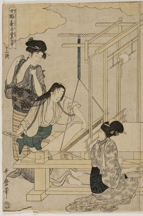 Philadelphia Museum of Art - Collections Object : Weaving the Silk (No.12) Edo Period Clothing, Utamaro Kitagawa, Kitagawa Utamaro, The Floating World, Weaving Machine, Photo Women, Floating World, Period Clothing, Japan Vintage