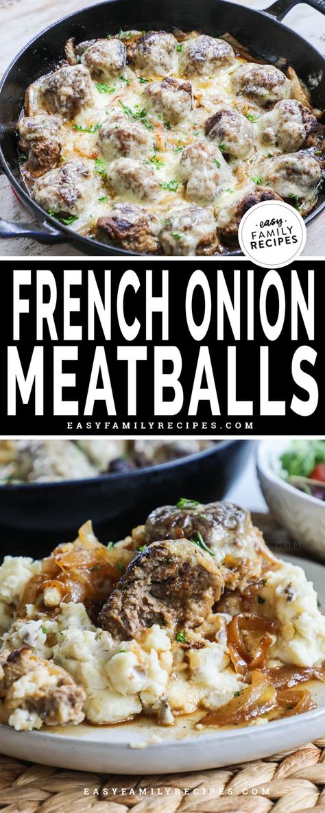 French Onion Recipes Beef, Dishes To Make With Ground Beef, What To Cook With Meatballs, Easy Dinner With Ground Sausage, French Onion Beef Meatballs, Recipes Using Meatballs Dinners, Ground Beef Recipes Easy Skillet, Dinner Recipes For Family Ground Beef, Ground Beef And Mashed Potato Recipes