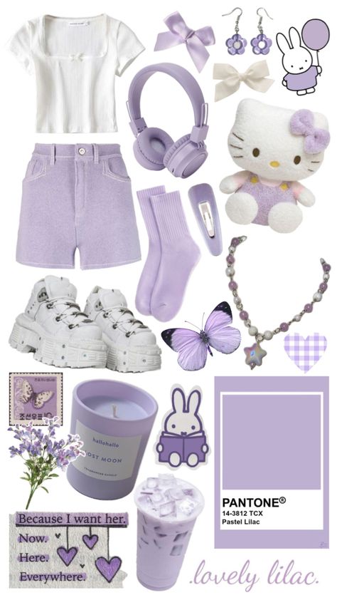 Lilac aesthetic collage, purple aesthetic, light purple aesthetic, lilac miffy, purple miffy, lilac candle, purple candle, white platform shoes, purple hello kitty, lilac headphones, lilac jewelry, lilac accessories, white aesthetic top, white bow, kawaii, soft pastel Lilac Aesthetic Collage, Purple Accessories Aesthetic, Purple Aesthetic Lilac, Purple Girly Things, Purple Aesthetic Light, Collage Purple Aesthetic, Aesthetic Light Purple, Lilac Accessories, Lilac Candle