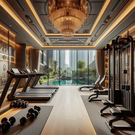 Make your home gym a luxury retreat with advanced fitness machines and elegant interior design. Get inspired to create your own! #LuxuryRetreat #HomeFitness #ElegantDesign #AdvancedEquipment #WorkoutInStyle Home Gym Interior Design, Home Gym Design Luxury, Gym Designs, Future Mansion, Luxury Home Gym, Fitness Machines, Luxury Gym, Gym Room At Home, Gym At Home