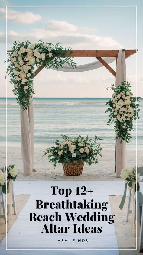 wedding altar ideas in beach - floral decoration in wooden altar Beach Wedding Altar, Beach Wedding Arch Ideas, Wedding Altar Ideas, Small Beach Weddings, Wedding Arch Ideas, Beach Wedding Arch, Diy Beach Wedding, Simple Beach Wedding, Wedding Altar