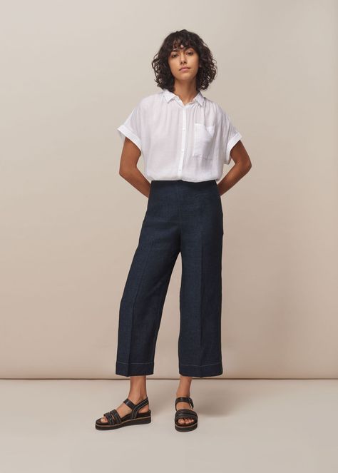 Navy Linen Pants Outfit, Navy Trousers Outfit, Blue Linen Pants Outfit, Navy Linen Pants, Blue Linen Shirt, Linen Pants Outfit, Cropped Linen Trousers, Cropped Trouser, Indigo Linen