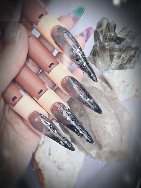 Extra Long Almond Nails, Long Almond Nails, Quartz Nails, Long Almond, Quartz Nail, Crystal Nails, Smokey Quartz, Almond Nails, Beautiful Nails