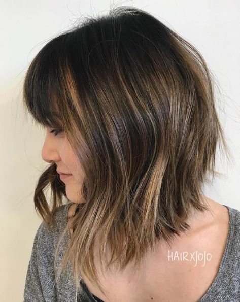 Long Choppy Bob with Bangs Long Choppy Bobs, Choppy Bob With Bangs, Partial Balayage, Long Bob With Bangs, Lob With Bangs, Choppy Bob Haircuts, Shoulder Length Bob, Choppy Bob Hairstyles, Choppy Bob