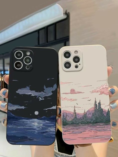 Phonecase Painting Idea, Phone Case Backgrounds, Aesthetic Phone Case Design, Phone Case Painting Ideas, Custom Phone Cases Diy, Couple Landscape, Phone Case Painting, Phone Cases Aesthetic, Painted Phone Case