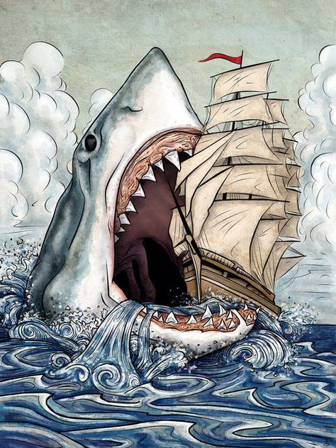 shark eating ship Shark Drawing, Shark Art, Shark Tattoos, Desenho Tattoo, Shark Week, Sea Monsters, Arte Fantasy, Art And Illustration, In The Ocean