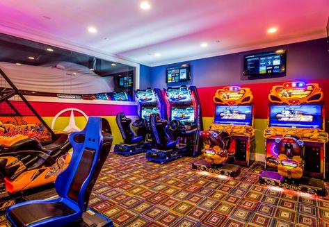 How many homes have you seen with a full arcade? This is Captains Quarters, 14 bedrooms with more amenities than you can shake a stick at. At Home Arcade, Home Arcade, Spa Games, Florida Villas, Captains Quarters, Home Game Room, Arcade Room, Indoor Basketball Court, Game Room Basement