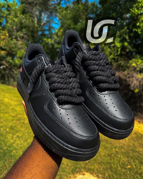 Black Supreme AF1s with Rope Laces❤️‍🔥 Make sure yall like, comment, share and follow @uziscustomz for more content🫶🏾 Black Supreme, Like Comment Share, Lace Making, Make Sure, Lace, Quick Saves, Black