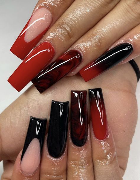 Back And Red Nails, Black And Red Nail Inspo Acrylic, Nails Inspo Red And Black, Red And Black Acrylic Nails Ideas, Nail Designs Red Bottoms, Nail Art Y2k Red, Black And Red Nails For Prom, Nails Ideas Red And Black, Red Black And White Acrylic Nails