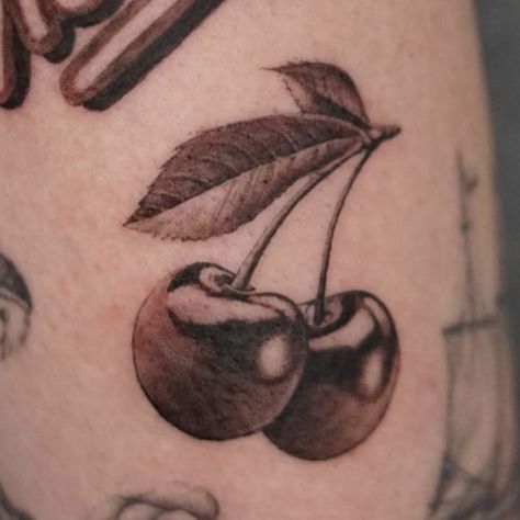 Realism Fruit Tattoo, Cherry Ankle Tattoo, Cherry Flash Tattoo, Poppop Tattoo, Small Realism Tattoo Ideas, Cherries Tattoos, Cherry Tattoo Black And White, Mini Cherry Tattoo, Black Cherry Tattoo