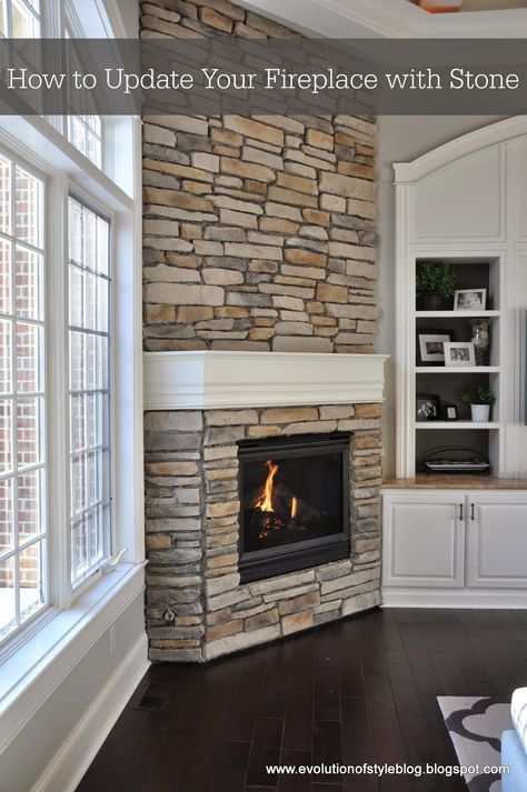 Off Set Fireplaces, Condo Fireplace, Fireplace With Stone, Corner Fireplace Makeover, Corner Fireplace Living Room, Stone Veneer Fireplace, Corner Gas Fireplace, Fireplace Redo, Diy Fireplace Makeover