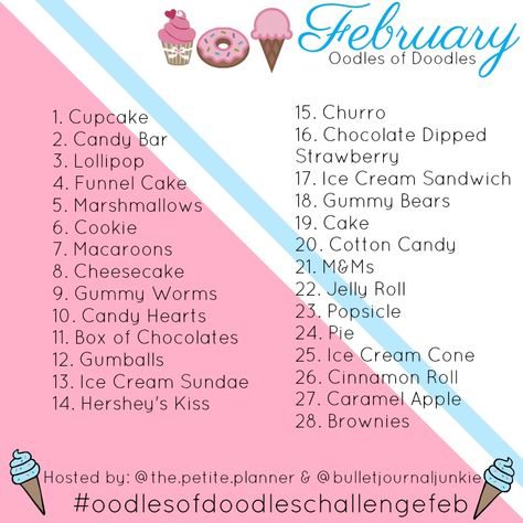 February 2018 Doodle Challenge Prompts List Doodle Challenge, 30 Day Art Challenge, Art Journal Challenge, 30 Day Drawing Challenge, Sketches Doodles, Drawing Ideas List, Art Sketches Doodles, Drawing Cartoon Characters, Creative Drawing Prompts