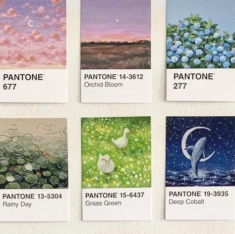 Dory | bigbluetang on Instagram: "Pantone Challenge 2023 recap ✨ it’s been a few days since finishing this 30 day challenge, and I’m already starting to feel withdrawals! this was a huge time of exploration and creativity for me… I learned so much, felt so much, and spent a few days reflecting on the whole experience. here are just a few of my fav moments: → I’m proud of myself for the days I felt brave enough to listen to my creative voice, try new ideas, and play with colours I never felt c Drawing On Paint Samples, Pantone Postcard Challenge, Pantone Painting Ideas, Painting On Paint Samples, Pantone Challenge Gouache, Pantone Challenge Ideas, Pantone Painting Challenge, Pantone Card Painting, Pantone Drawing