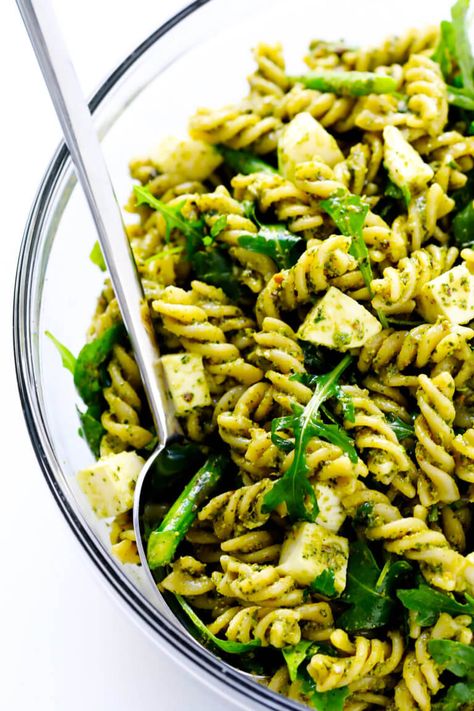 This Pistachio Pesto Pasta Salad recipe is made with asparagus (or your choice of veggie), arugula, mozzarella, and the most delicious pistachio basil pesto. The perfect make-ahead recipe for summer dinner! | Gimme Some Oven #pastasalad #pesto #summer #dinner #recipe #potluck Salad Images, Pesto Salad Recipes, Asian Pasta Salads, Balsamic Pasta, Asparagus Pasta Salad, Lemon Pistachio, Buffalo Chicken Pasta Salad, Easy Italian Pasta Salad, Pasta Spinach