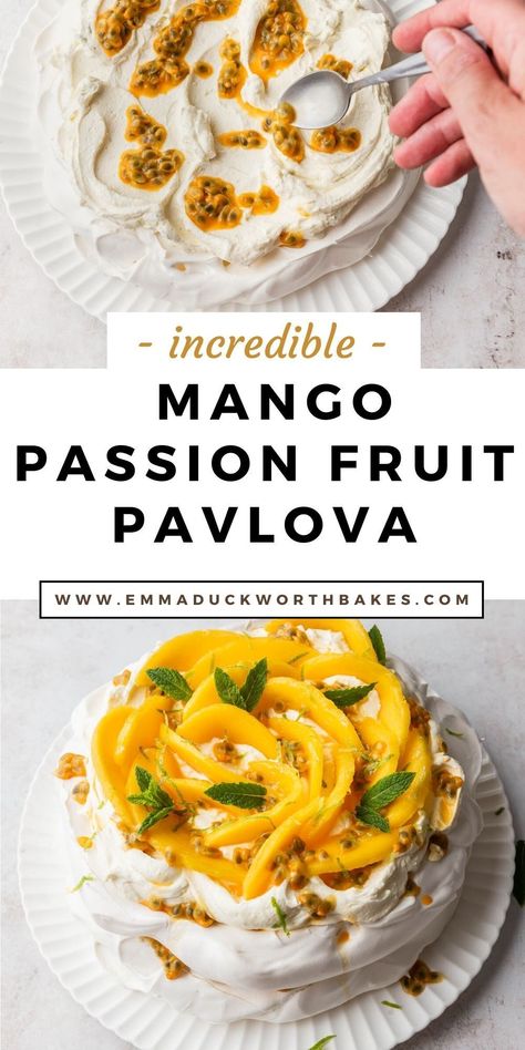 An Australian classic, this Mango and Passion Fruit Pavlova is light, refreshing and fruity. Crisp meringue, lime whipped cream topped with juicy mangoes and passion fruit pulp make for the perfect Summer dessert. Mango Pavlova Recipe, Mango Pavlova, Passion Fruit Pavlova, Lime Whipped Cream, Refreshing Dessert Recipes, Pavlova Toppings, Fruit Pavlova, White Recipes, Frozen Treats Recipes