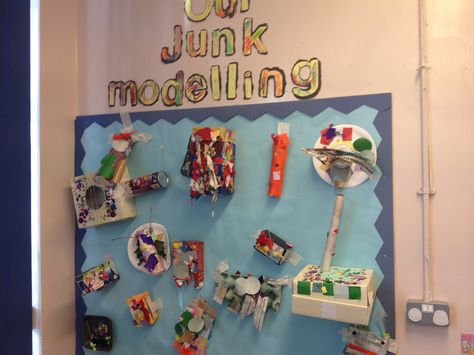 Junk Modelling Eyfs Junk Modelling, Junk Modelling Area Eyfs, Junk Modelling, Modelling Ideas, Preschool Boards, Corkboard Ideas Decor, Nursery Activities, Craft Display, Junk Art