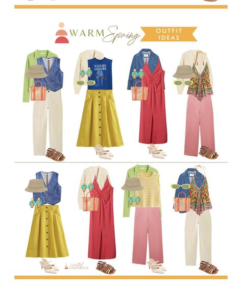 True Spring Outfits Aesthetic, Warm Spring Outfits Color Palettes, Warm Spring Capsule Wardrobe, True Spring Color Palette Outfits, Warm Spring Color Palette Outfits, Spring Color Palette Outfits, True Spring Outfits, Bright Spring Outfits, Spring Holiday Outfit