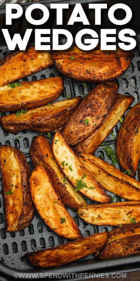 Air fryer potato wedges are amazingly tasty and the best crispy snack. Skip the drive-through and grab some fresh potatoes, a handful of seasonings, a splash of oil, and a hot and ready air fryer! Simple Ingredients make this recipe the best. Russet potatoes taste best because they have more starch in them and make for a fluffier interior. #airfryerpotatowedges #easyhomemaderecipe #bestcrispypotatowedges #spendwithpennies Fried Potato Wedges Recipe, Air Fried Potato Wedges, Fried Potato Wedges, Air Fryer Potato Wedges, Air Fry Potatoes, Air Fryer Potato, Potato Wedges Recipe, Wedges Recipe, Fried Potato