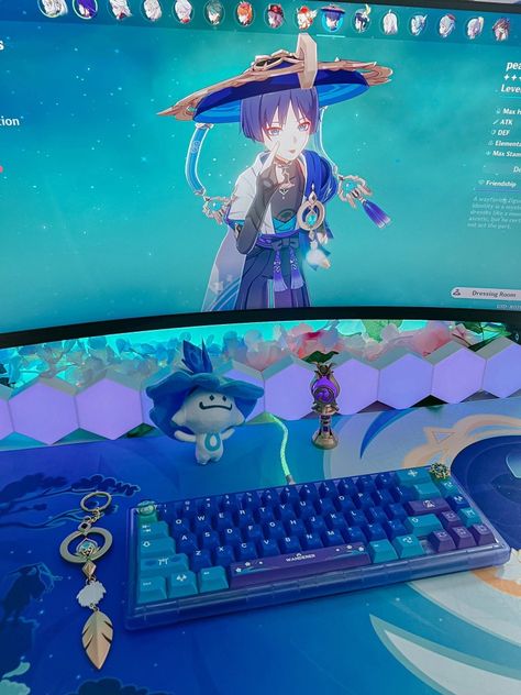 Scaramouche Wanderer, Laptop Decoration, Dream Desk, Pc Gaming Setup, Bedroom Setup, Kawaii Bunny, Anime Room, Pc Setup, Game Room Design