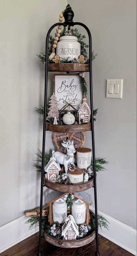 Store Christmas Decorations, Pop Up Vendor, Pop Up Vendor Booth, Dollar Store Christmas Decorations, Relaxing Bathroom, Tiered Shelf, Tray Decor Christmas, Spa Home, Shelf Decor Living Room