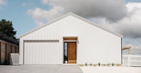 Steel Home Kits, White Shed, Modern Barn Style, Shed House, Steel Barns, Three Birds Renovations, Contemporary Barn, House Cladding, Barn Living