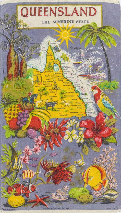 Australia Vacation, Vintage Cloth, Linen Tea Towel, Vintage Souvenir, Sunshine State, Summer Wallpaper, Purple Backgrounds, Vintage Travel Posters, Coral Reef