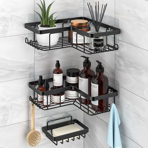 Introducing the ultimate bathroom upgrade! The YASONIC Corner Shower Caddy, 3-Pack Adhesive Shower Caddy is your solution to messy showers. With rustproof stainless steel, soap holder, and 12 hooks, it keeps your essentials within reach. Say goodbye to drilling and hello to hassle-free organization. Solve your bathroom troubles today! #BathroomUpgrade #ShowerOrganization #NoDrillingRequired #StressFreeShowers Bathroom Shower Organization, Bathroom Corner Shelf, Shower Organizer, Corner Shower Caddy, Shower Rack, Shower Storage, Wall Mount Rack, Shower Basket, Shower Organization