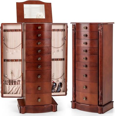 Amazon.com: Giantex Large Jewelry Armoire Cabinet with 8 Drawers & 2 Swing Doors 16 Hooks Top Mirror Boxes, Standing Cambered Front Storage Chest Stand, Large Standing Jewelry Armoire, Dark Walnut : Clothing, Shoes & Jewelry Jewelry Storage Cabinet, Chest Stand, Jewelry Storage Solutions, Standing Jewelry Armoire, Mirror Box, Jewelry Storage Box, 2024 Color, Necklace Organizer, Jewelry Cabinet